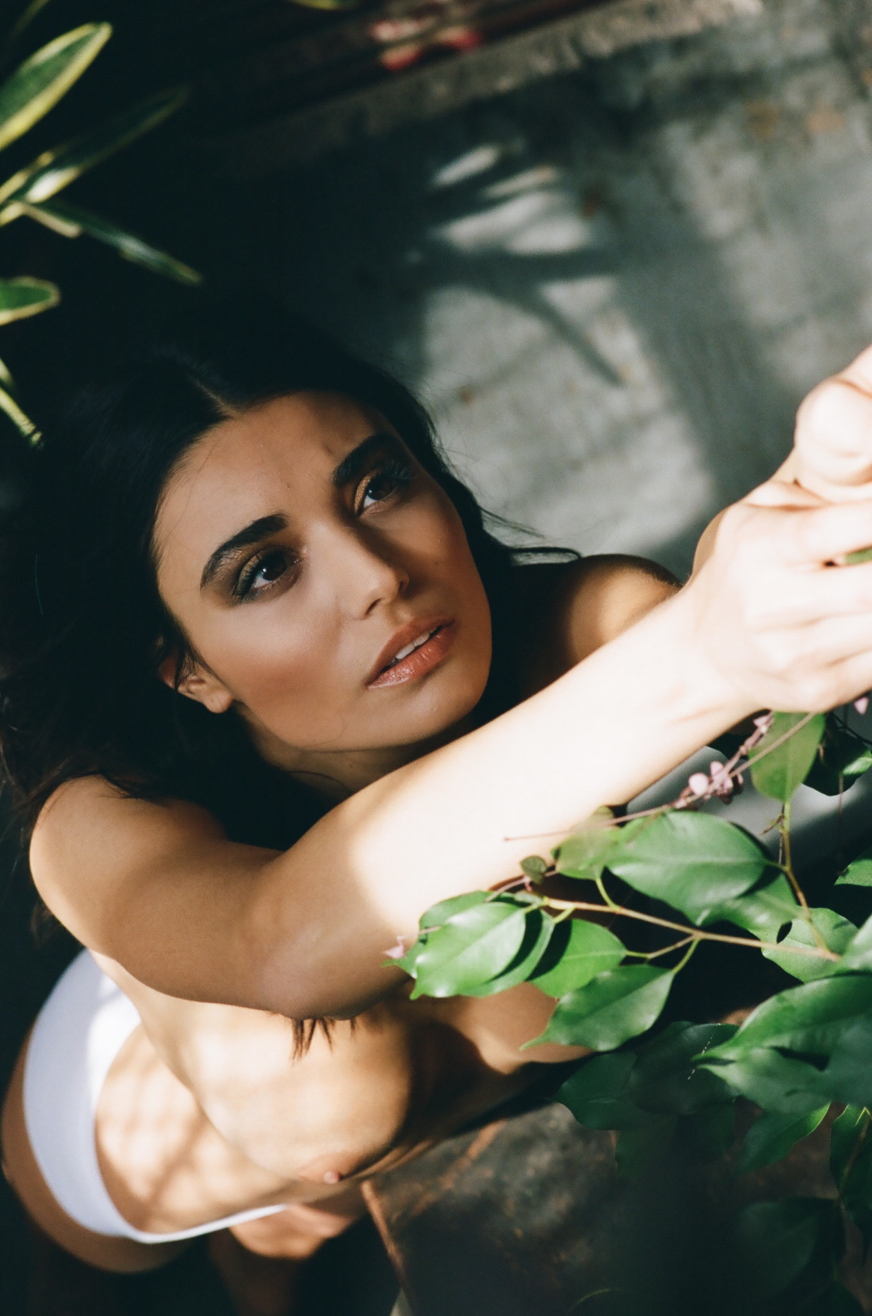 1273x1920, 433 Kb / брюнетка, трусы, листья, макияж