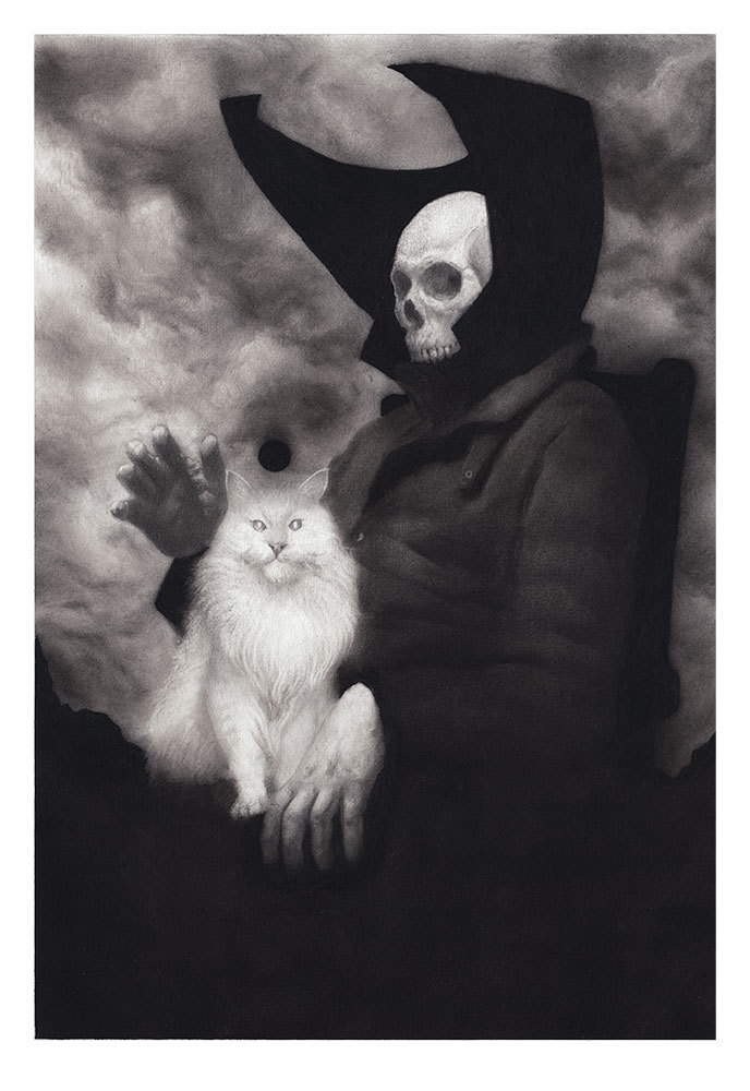 688x1000, 108 Kb / смерть, кот, рисунок, ч/б, Randy Ortiz, графит