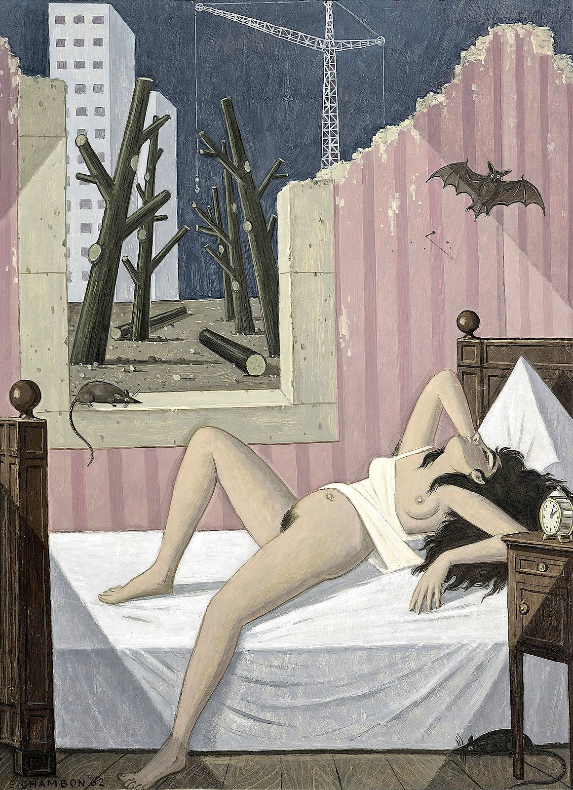 1161x1600, 575 Kb / девка, рисунок, развалины, кран, летучая, мышь, Эмиль Шамбон, Кошмар