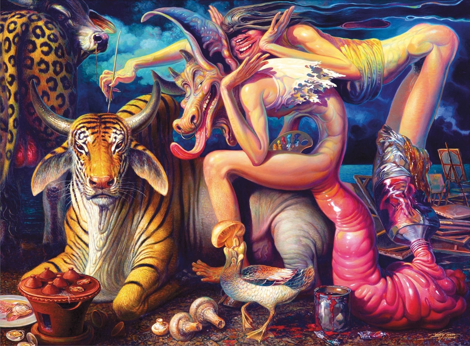 1600x1177, 485 Kb / тигр, бык, сюр, грибы, рисунок, Клевета, Пратип Кохабуа