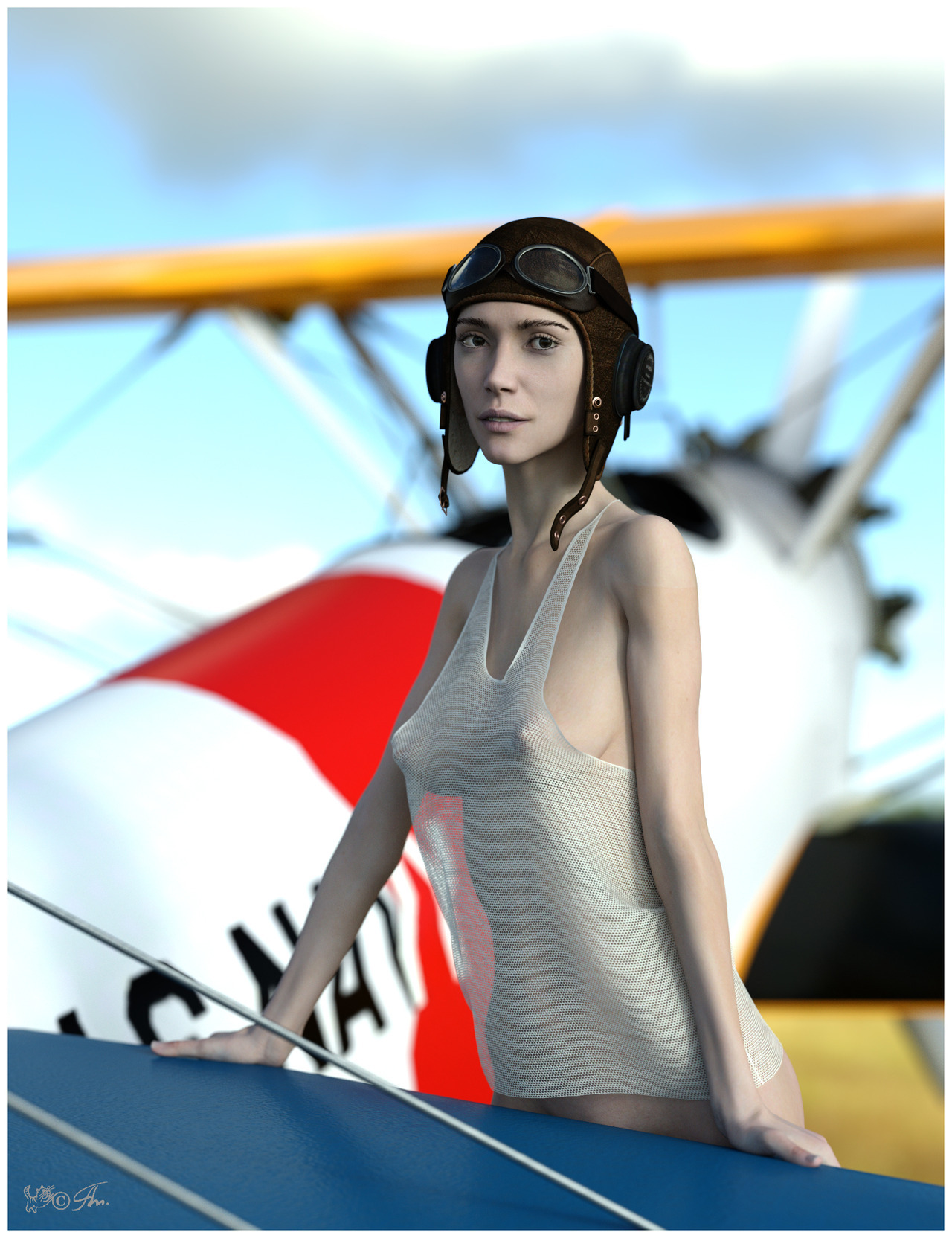 1280x1664, 415 Kb / девка, майка, самолёт, шлем