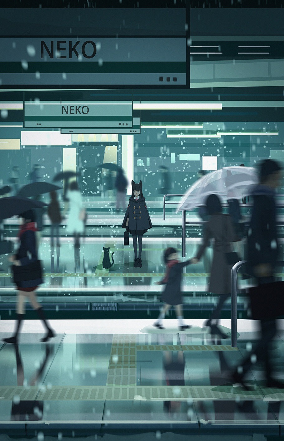 911x1414, 281 Kb / девочка, станция, кошка, рисунок