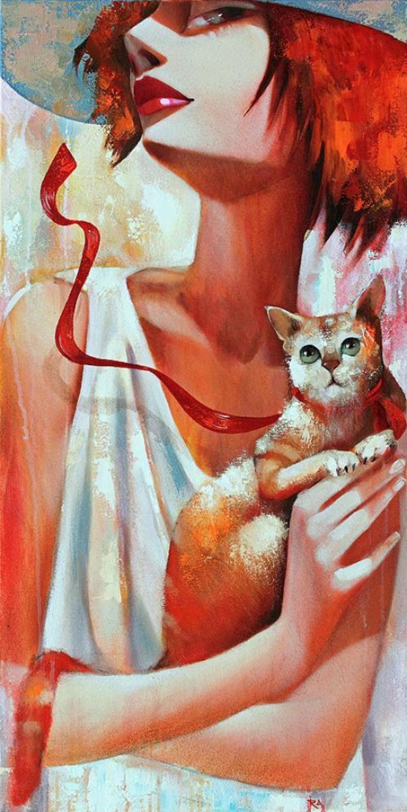 800x1596, 178 Kb / девка, рыжая, шляпа, кошка, рисунок