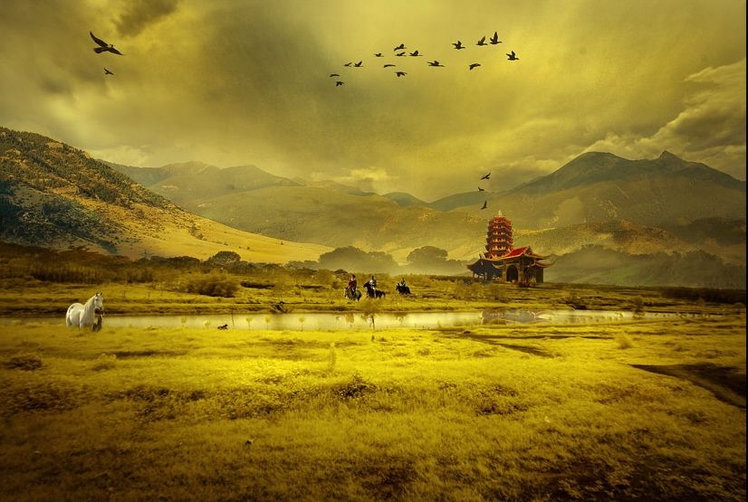 826x555, 81 Kb / пагода, лошадь