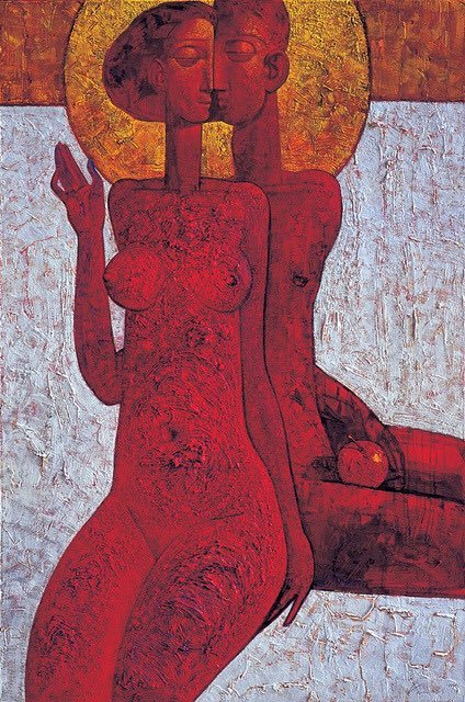 424x640, 108 Kb / пара, адам, ева, яблоко, нимб, икона, рисунок, Ventzislav Piriankov