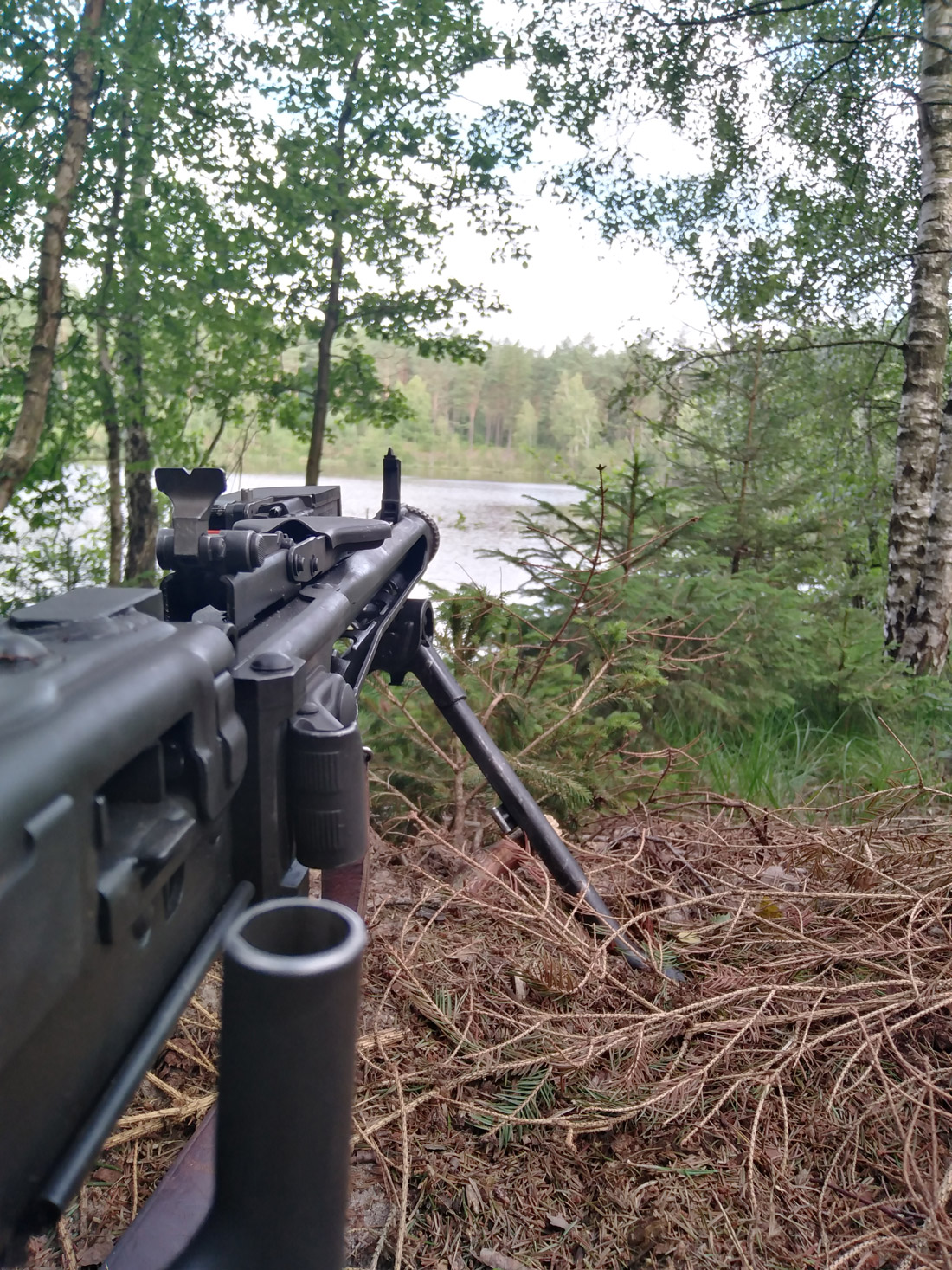 1100x1467, 617 Kb / пулемет, река, берег, лес