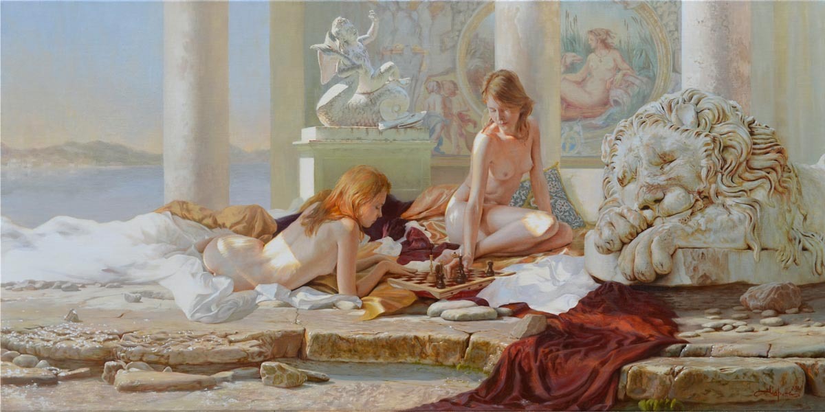 1200x600, 142 Kb / девки, шахматы, лев