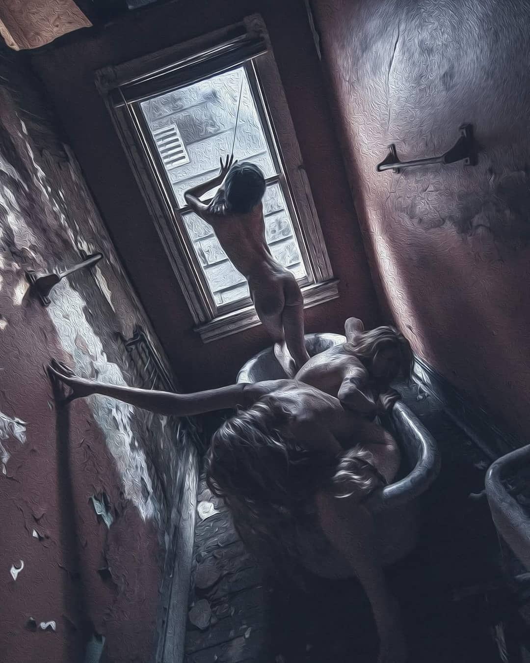 1080x1350, 200 Kb / ванна, голые, окно, дверь, рисунок, раковина