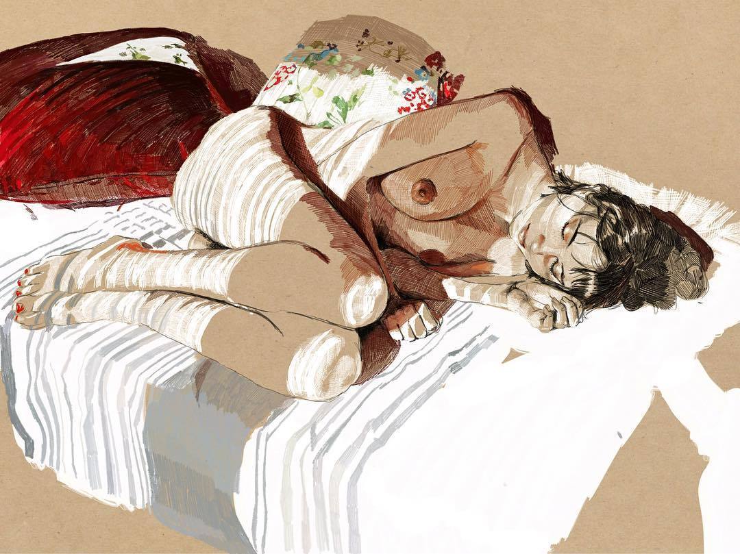 1080x809, 134 Kb / кровать, девка, спит, рисунок