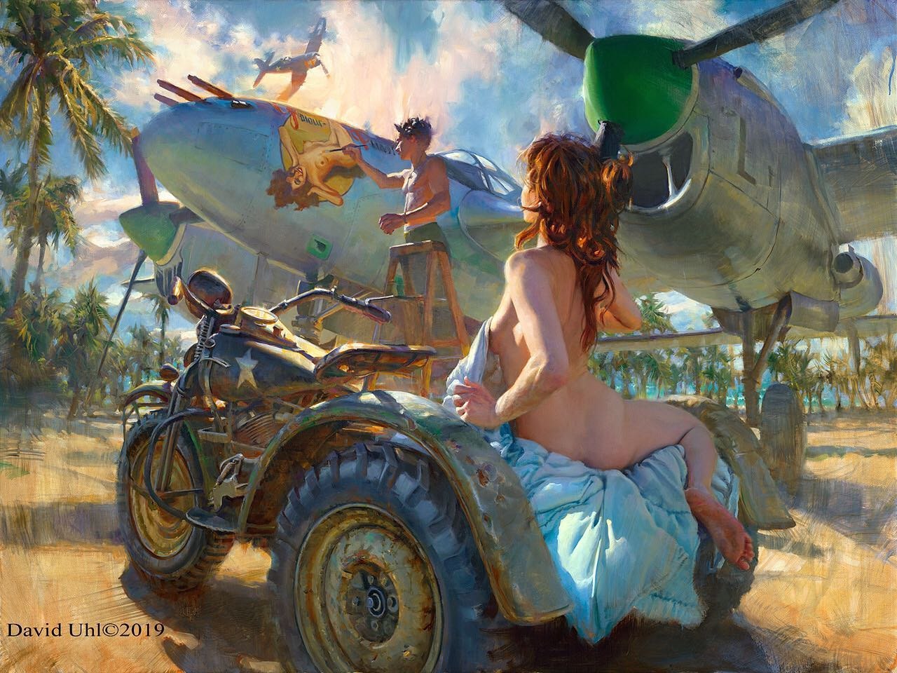 1280x960, 257 Kb / Самолёт, художник, рисунок, трицикл, пальмы