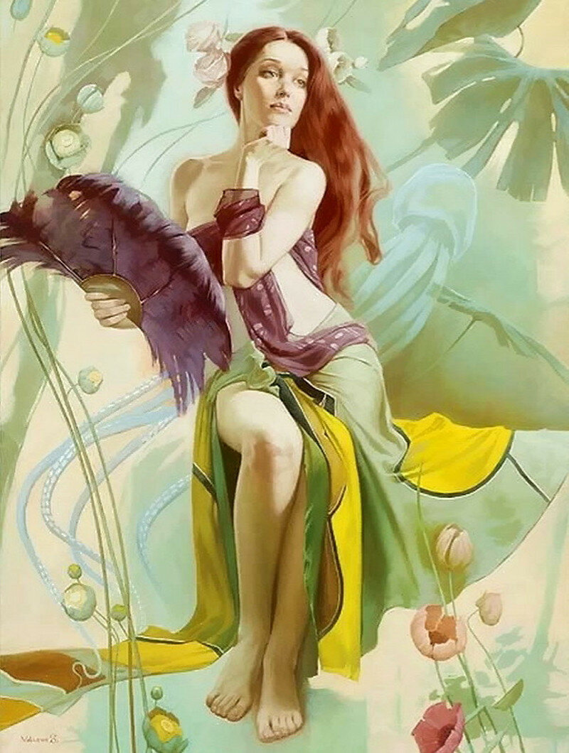 800x1060, 190 Kb / женщина, рыжая, накидка, шарф, веер