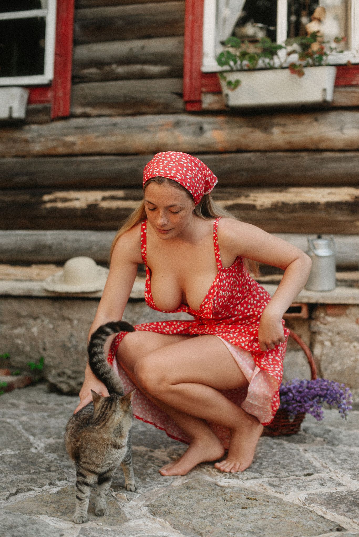 1367x2048, 479 Kb / косынка, платок, корзина, кошка, сиськи, платье, бидон, платье, босиком, кобзар, Ольга Кобзар