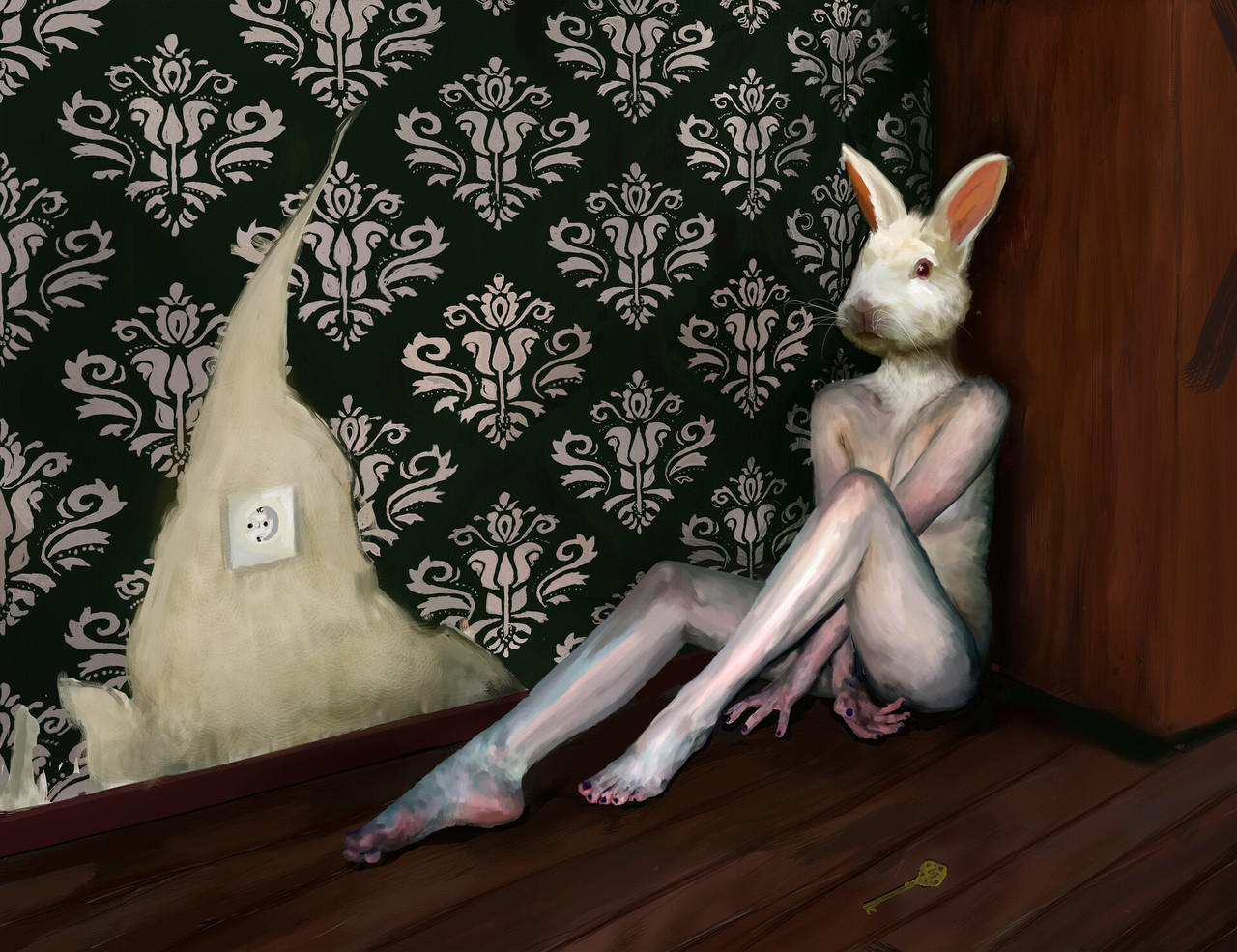 1280x985, 355 Kb / девка, обои, кролик, угол, ключ, розетка, рисунок