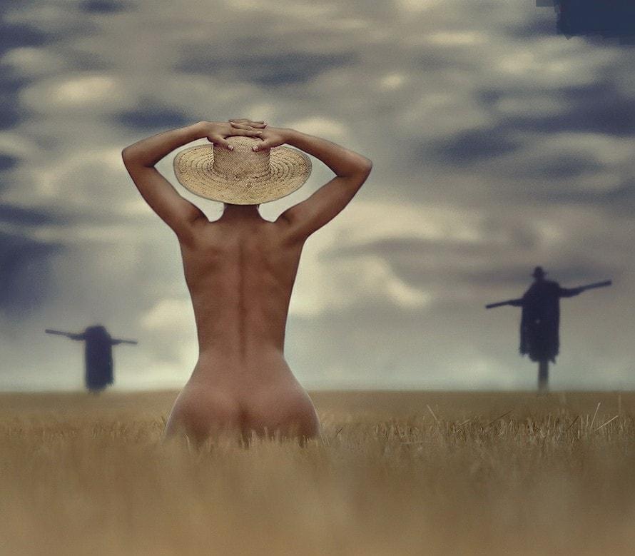 890x779, 65 Kb / чучело, поле, шляпа, солома, голая, попа