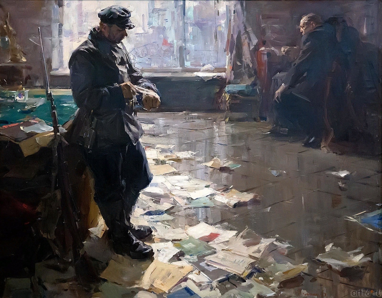 1280x998, 610 Kb / картина, живопись, масло, холст, винтовка, штык, бумаги, бардак, стол, стул, Новый хозяин, Олег Ломакин, ссср