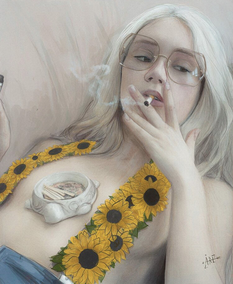 750x913, 178 Kb / девка, сигарета, пепельница, очки, рисунок, подсолнухи