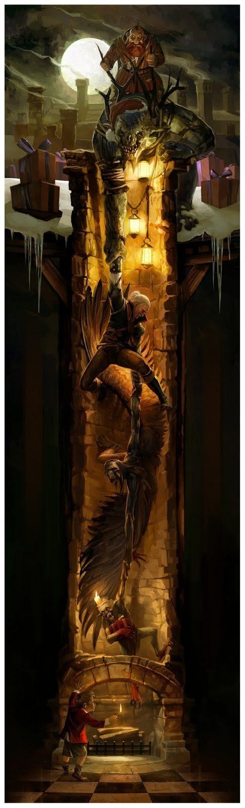 486x1600, 110 Kb / ведьмак, монстры, чудовища, камин, труба, луна, подарок, рисунок