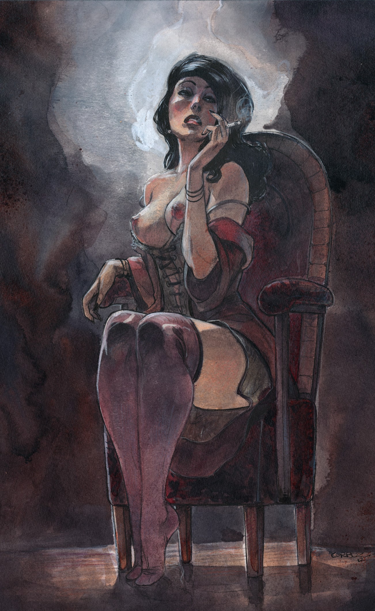 1302x2120, 602 Kb / девка, сигарета, кресло, дым, рисунок