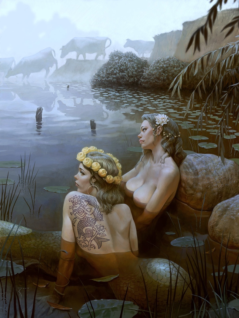 810x1080, 316 Kb / водём, русалки, тату, коровы, водопой, венок, вальдемар казак, рисунок