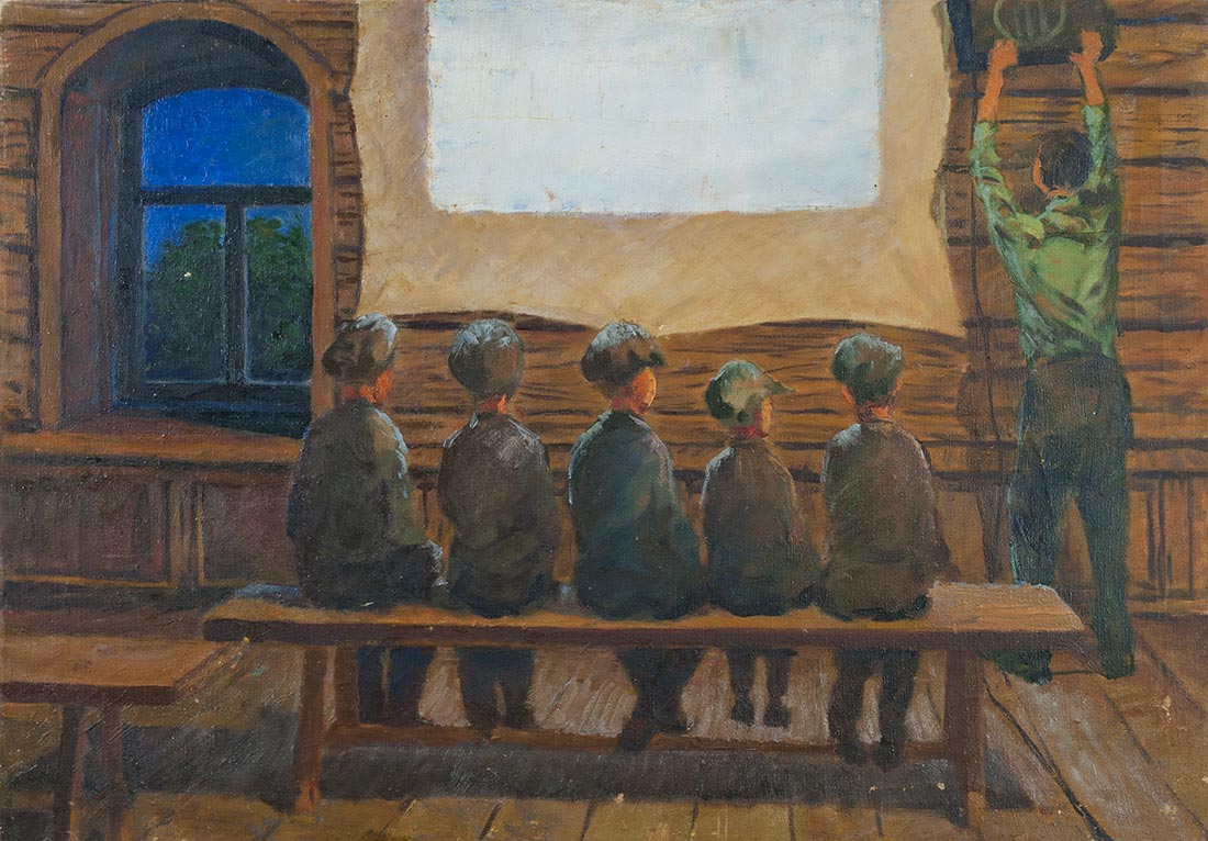 1100x766, 172 Kb / рисунок, картина, дети, экран, проектор, ссср, зрители, скамейка, окно