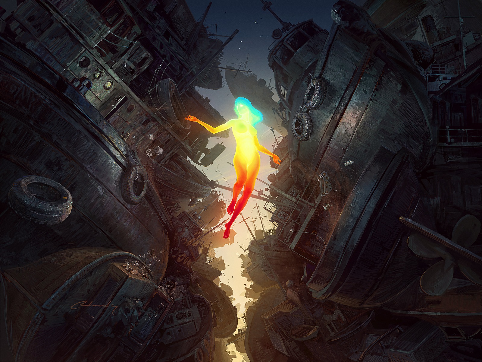 1600x1200, 577 Kb / корабли, радуга, девушка, RHADS, Артем Чебоха, рисунок