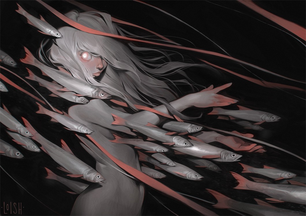 1060x750, 151 Kb / косяк рыбы, глубина, русалка, Loish