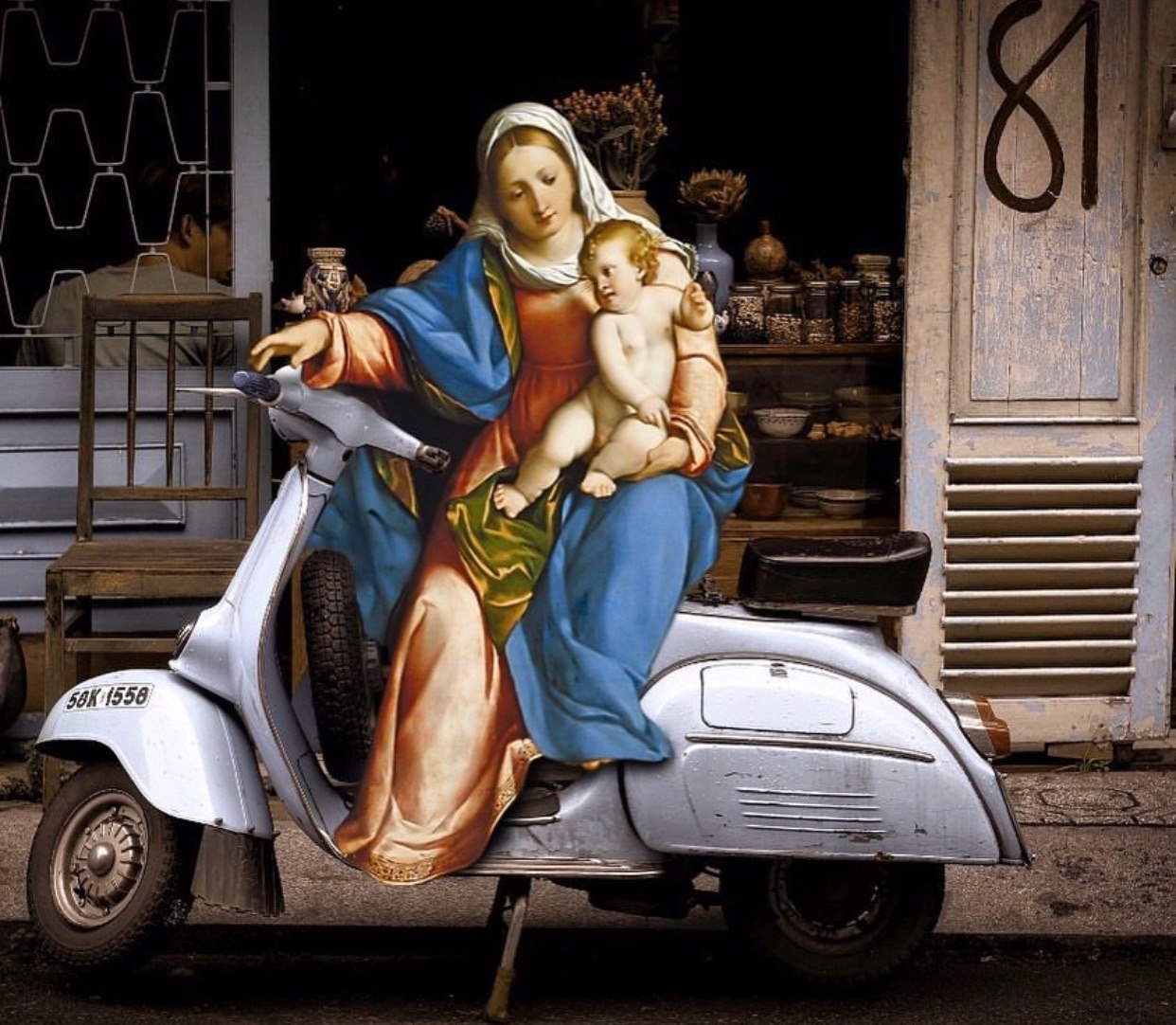 1242x1082, 259 Kb / Мопед, девушка, младенец, фотошоп