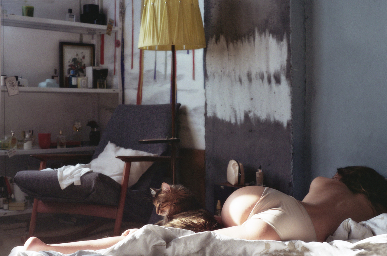 1280x846, 306 Kb / женщина, кошка, трусы, постель, светильник, кресло