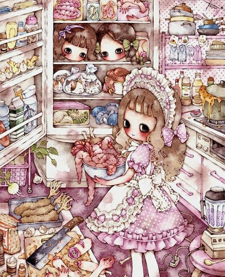 720x887, 170 Kb / девочка, хозяйственная, холодильник, заготовка, рисунок