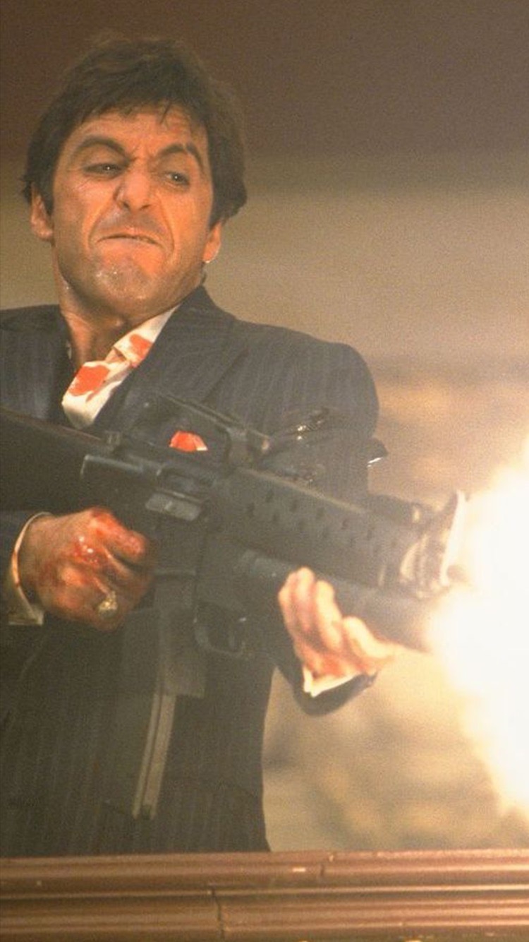 750x1334, 161 Kb / Аль Пачино, Тони Монтана, Лицо со шрамом, Оливер Стоун, автомат, пиджак