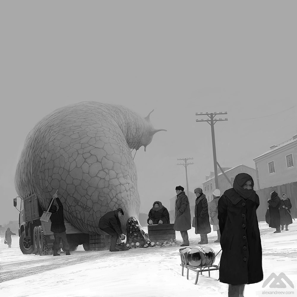 1000x1000, 125 Kb / Alex Anrdeev, улитка, слизняк, санки, снег, ч/б