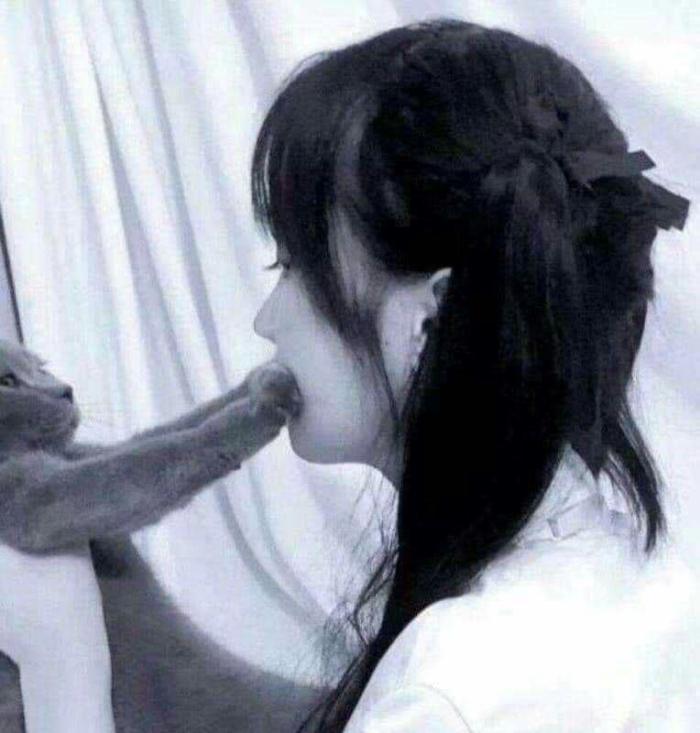 700x733, 50 Kb / показалось, ч/б, кот, девушка, не сразу