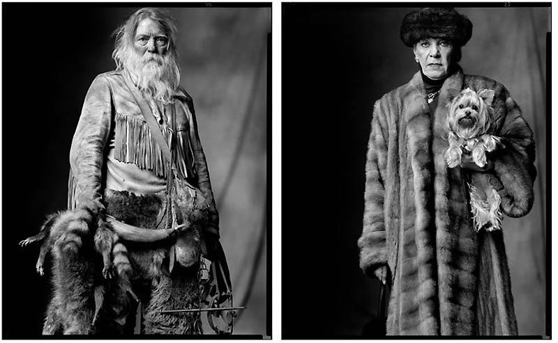 800x493, 59 Kb / мужчина, женщина, зверолов, дама, собачка, шуба, ч/б, куртка, шкуры, шапка, бахрома, рог