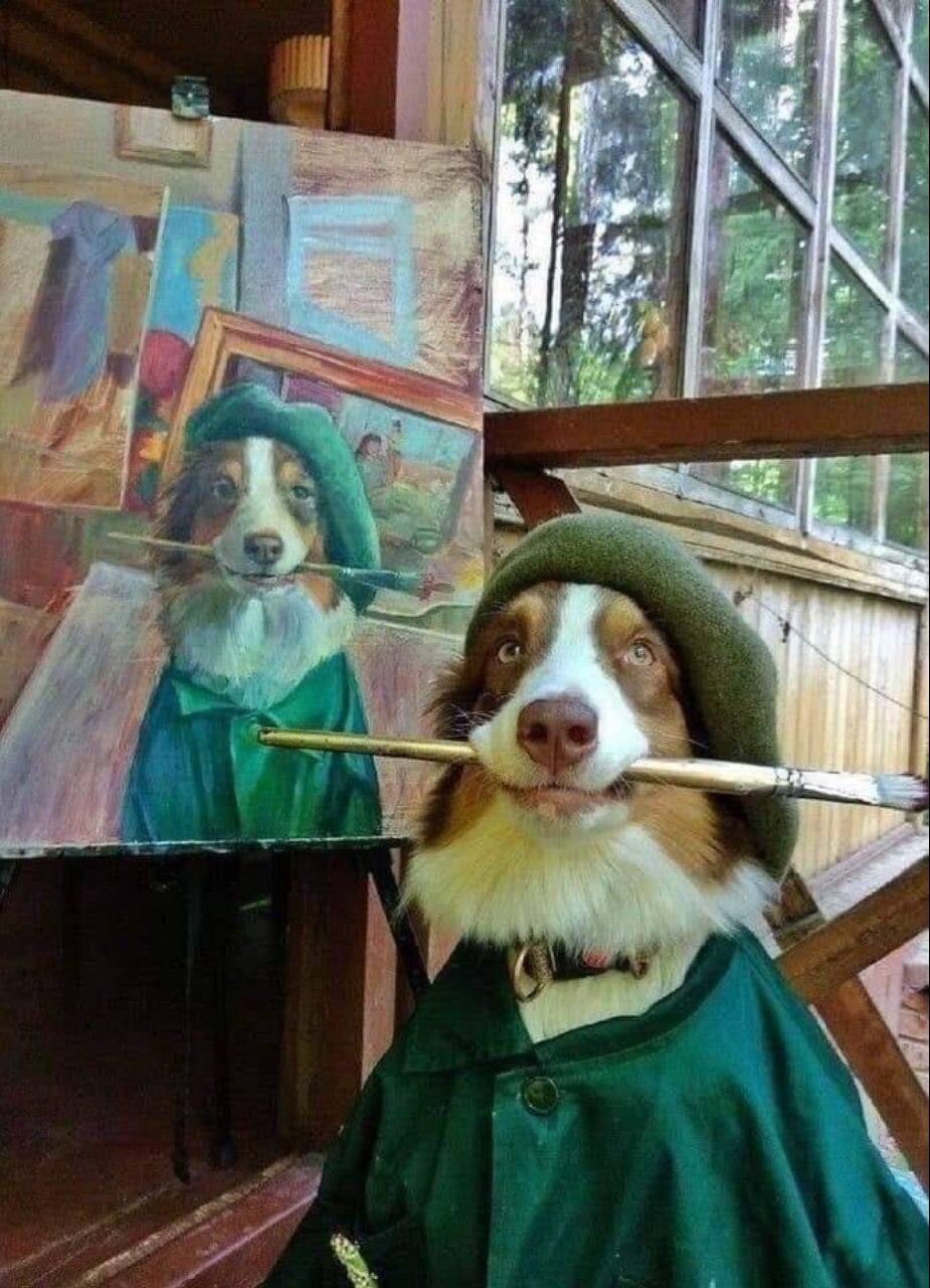925x1280, 196 Kb / Картина, песик, берет, кисть, мольберт