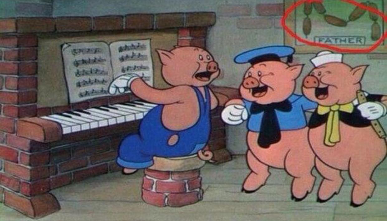 1242x708, 89 Kb / Дисней, мультфильм, поросенок, картина, папа, сосиски, фортепиано