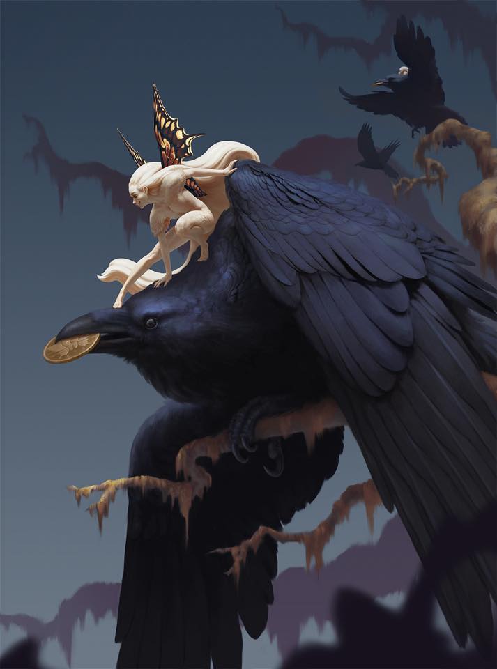 713x960, 41 Kb / Alessandro Pizzi, небо, ворон, бабочка, женщина, девушка, улыбка, оскал, монета, ветка