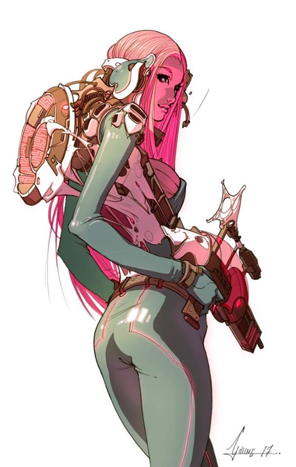 609x960, 60 Kb / Christophe Young, розововолосая, костюм, шлем, тарелка, рюкзак, бластер