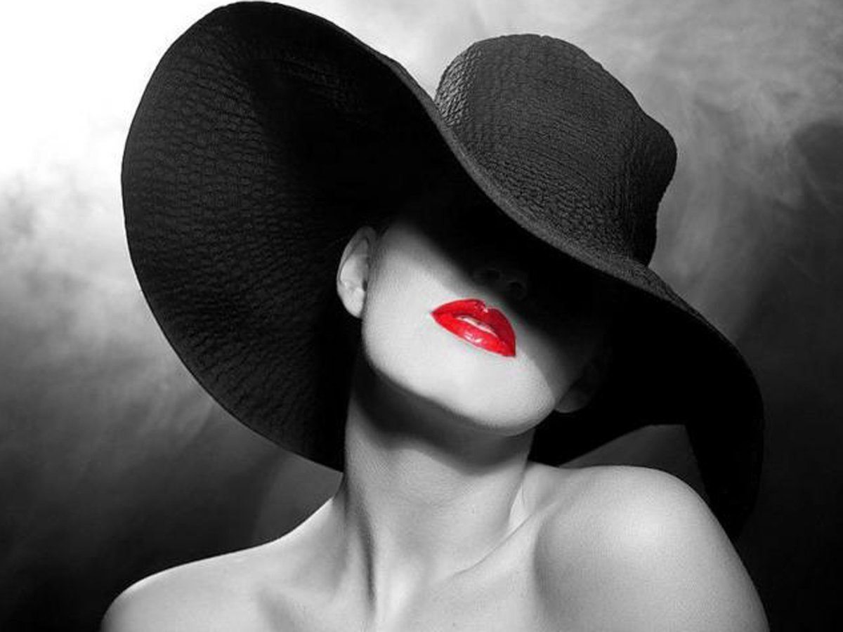 1200x900, 89 Kb / шляпа, чёрная, губы, красные, ч/б, помада