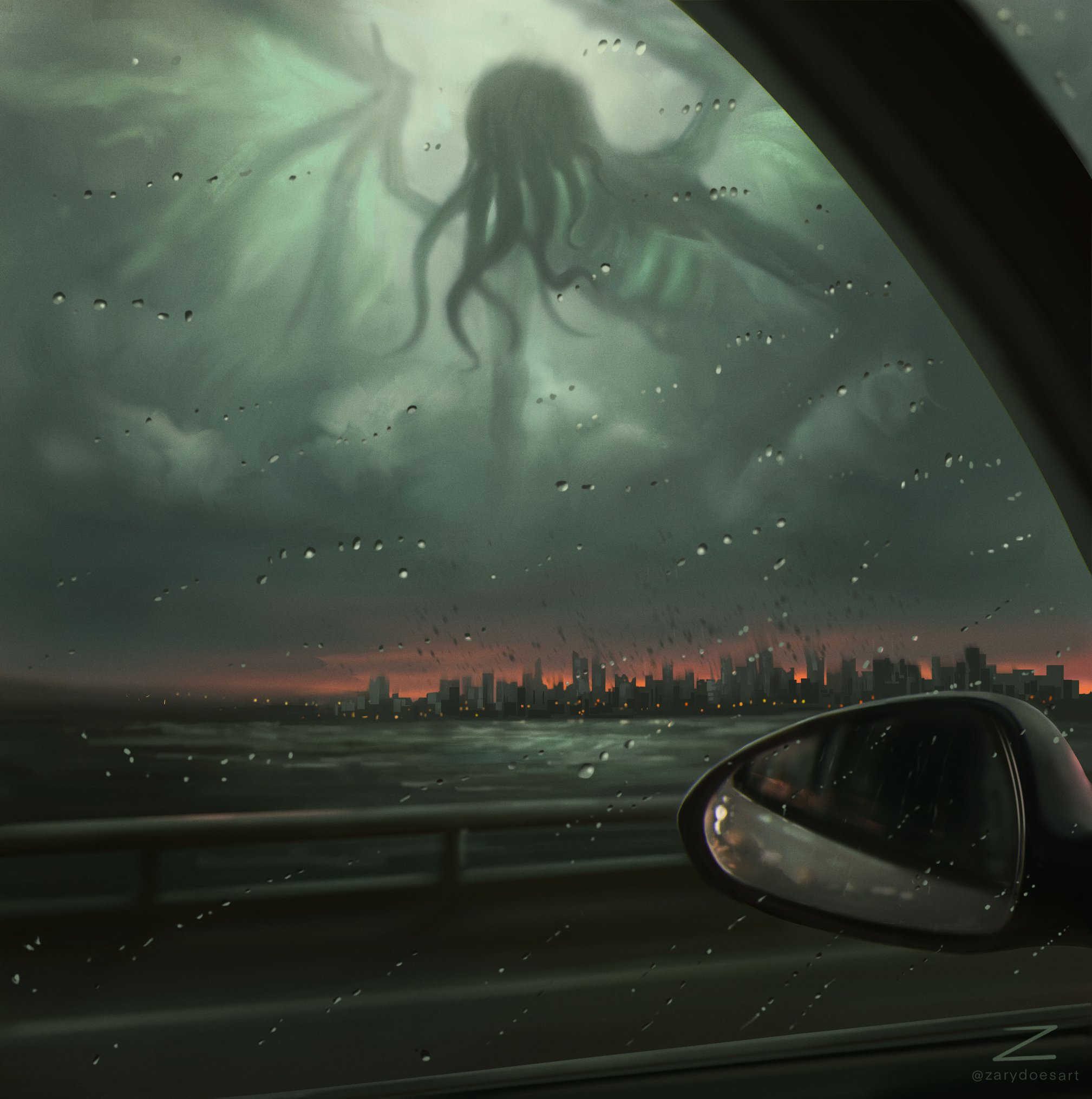 2017x2029, 355 Kb / Zary-CZ, машина, зеркало, вода, город, Ктулху, небо, тень