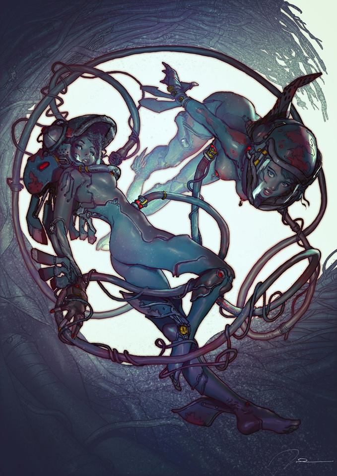 679x960, 117 Kb / Gerald Parel, скафандр, клыки, провода, шланги