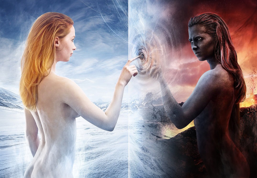 1075x744, 190 Kb / зеркало, добро и зло, рыжая, отражение, противостояние, энергетический вампиризм