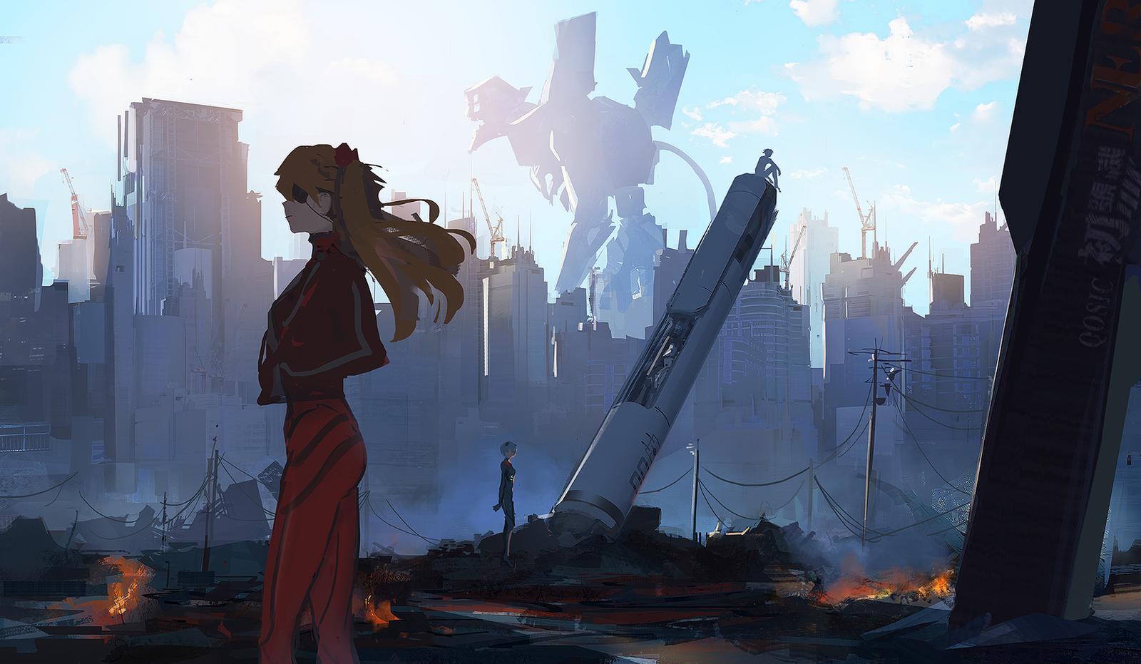 1600x931, 138 Kb / Qosic, Evangelion, Asuka, город, развалины, робот, монстр, капсула, провода, столбы, Rei