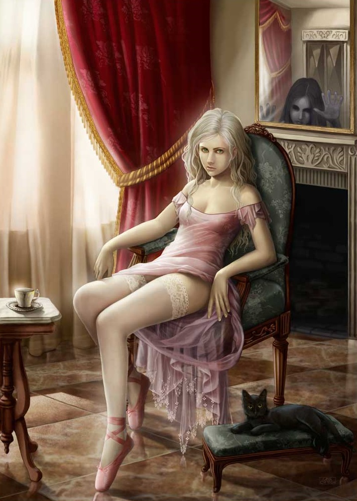 717x1007, 199 Kb / женщина, зеркало, призрак, шторы, чулки, платье, пуанты, чашка, столик, пуф, мурло, рисунок, привидение, кресло, блондинка