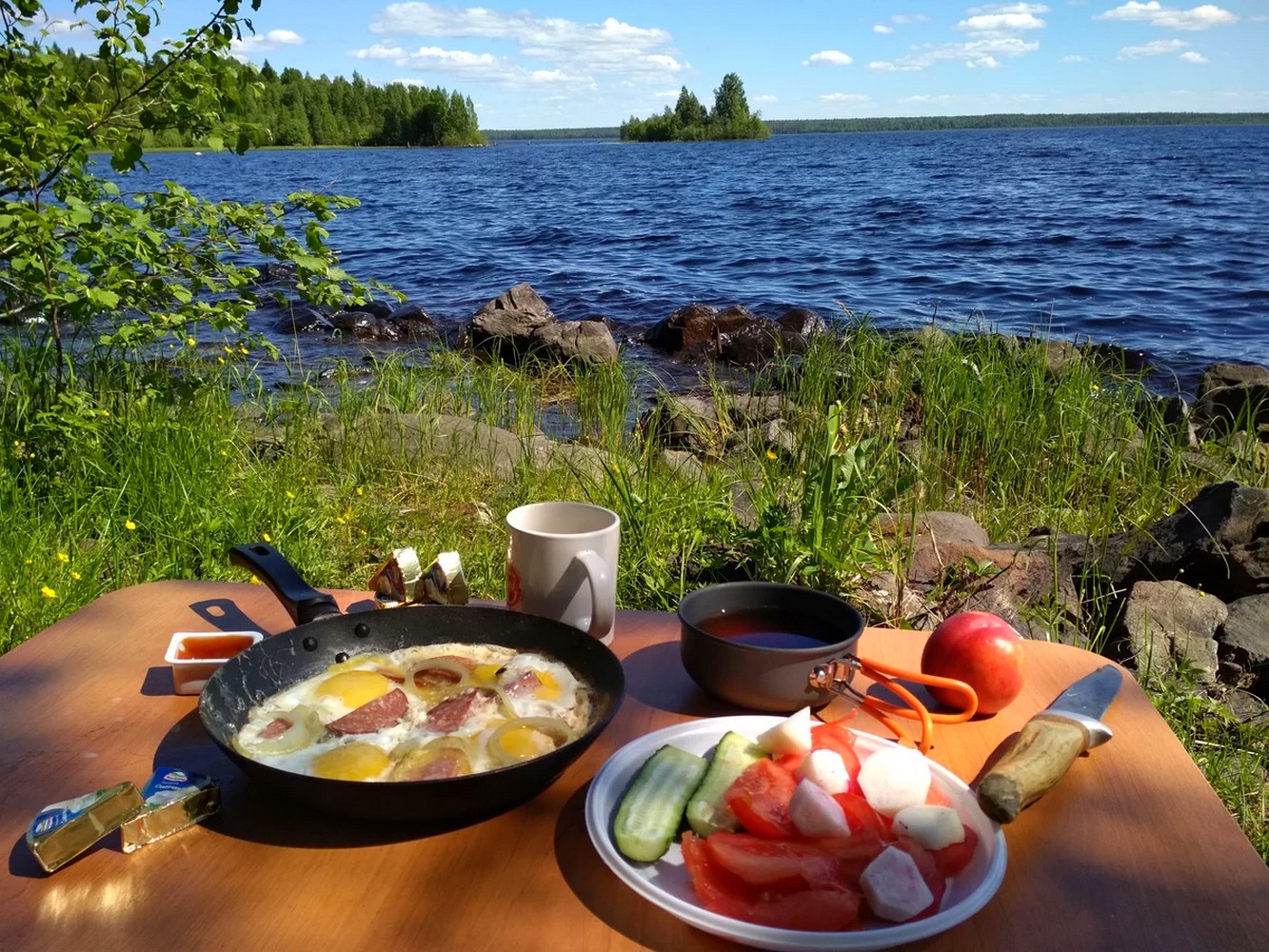 1333x1000, 449 Kb / завтрак, яичница, овощи, чай, водоём, берег, лес, зелень