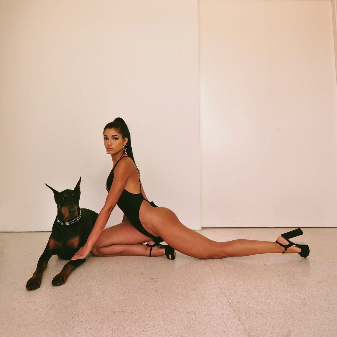 1080x1080, 84 Kb / Розетка, собака, девушка, доберман, брюнетка, ноги, каблуки, Yovanna Ventura