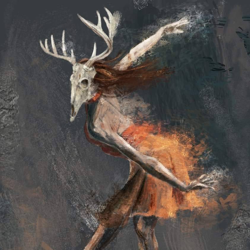 843x843, 74 Kb / девка, череп, рога, олень, танец, рисунок