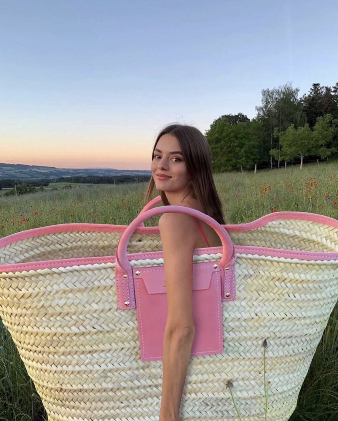 1114x1386, 407 Kb / брюнетка, сумка, корзина, рука, деревья, поле, трава, платье