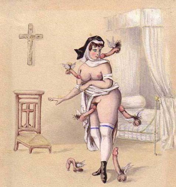 566x600, 94 Kb / монашка, летающие, хуи, гравюра, стул, кровать, крест