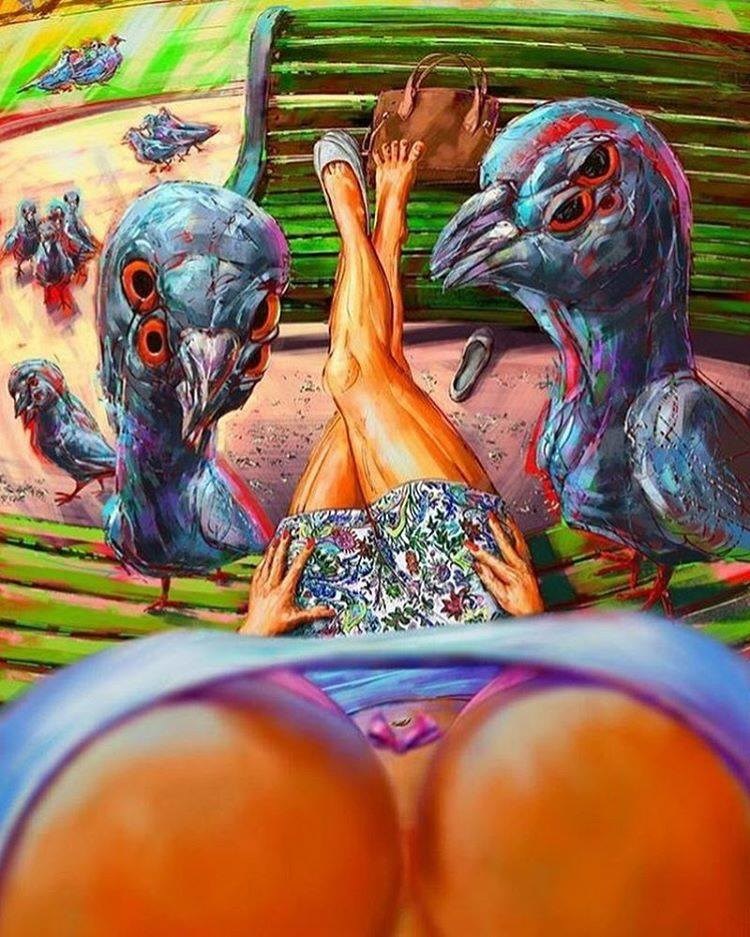 750x937, 152 Kb / сиськи, голубь, скамейка, ноги, сумка, галлюцинация, рисунок