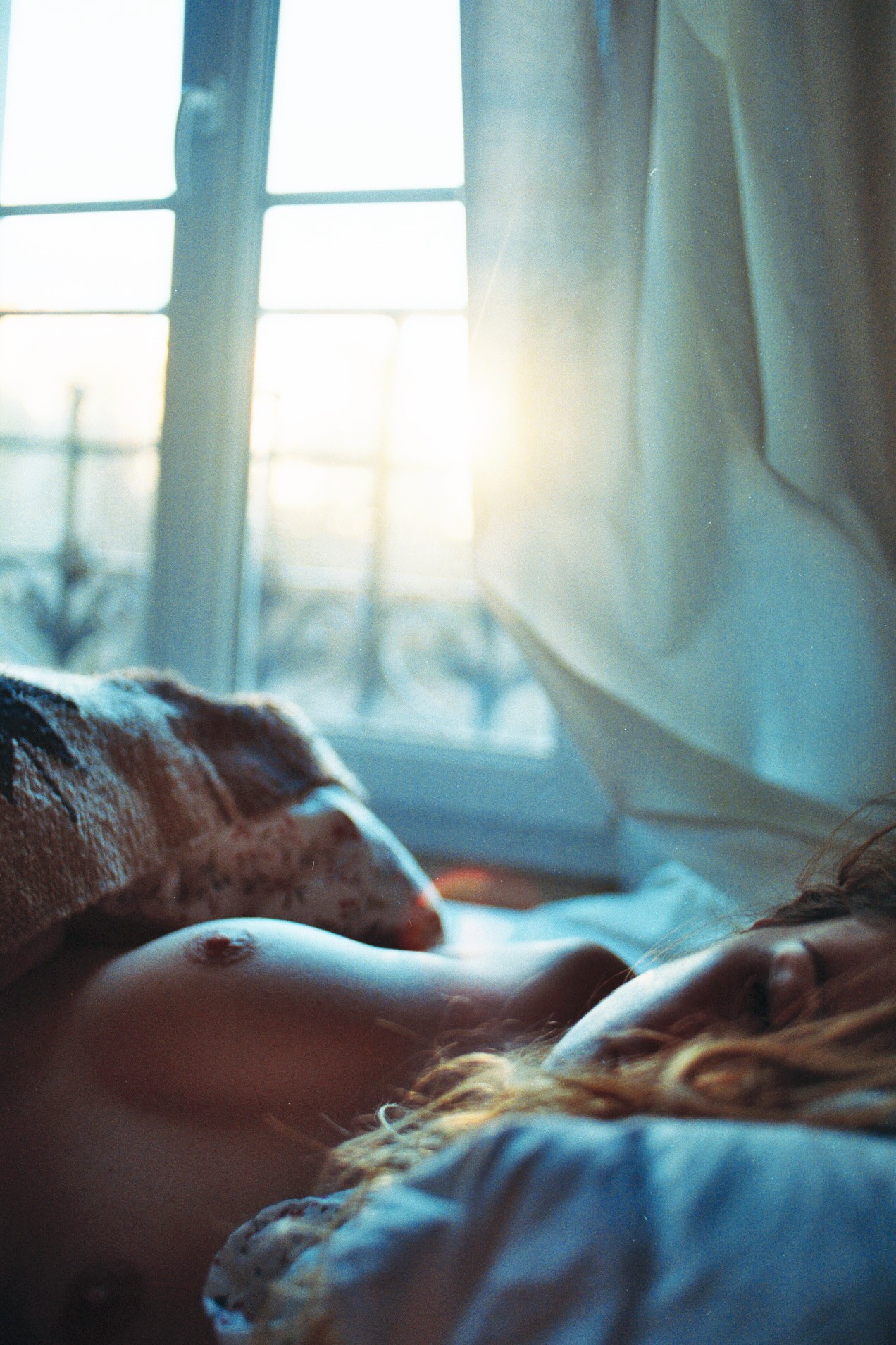 1272x1908, 503 Kb / окно, кровать, пастель, шторы, тюль, солнце, восход, спит, подушка